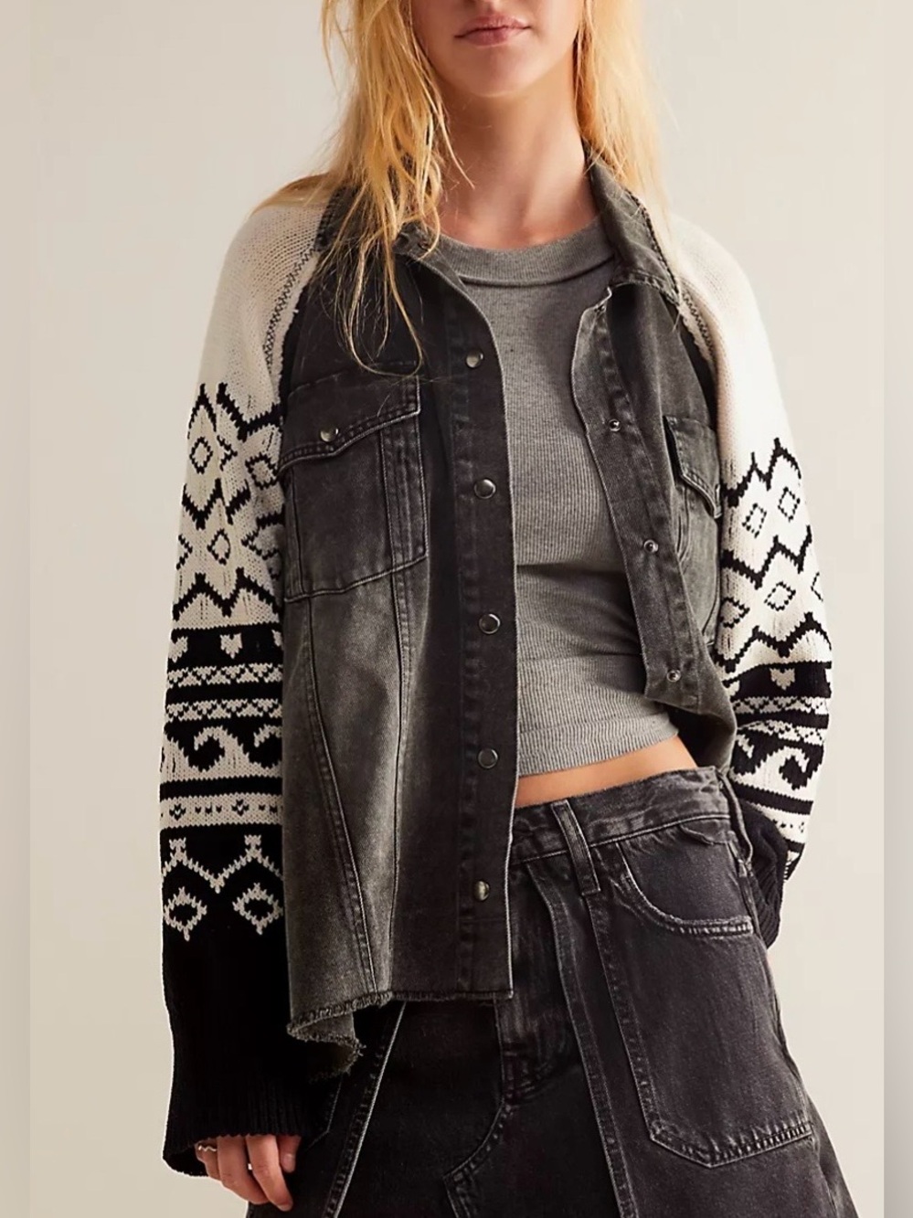 Free People Black & Cream Mixed-Media Knit-Sleeve Jean Jacket